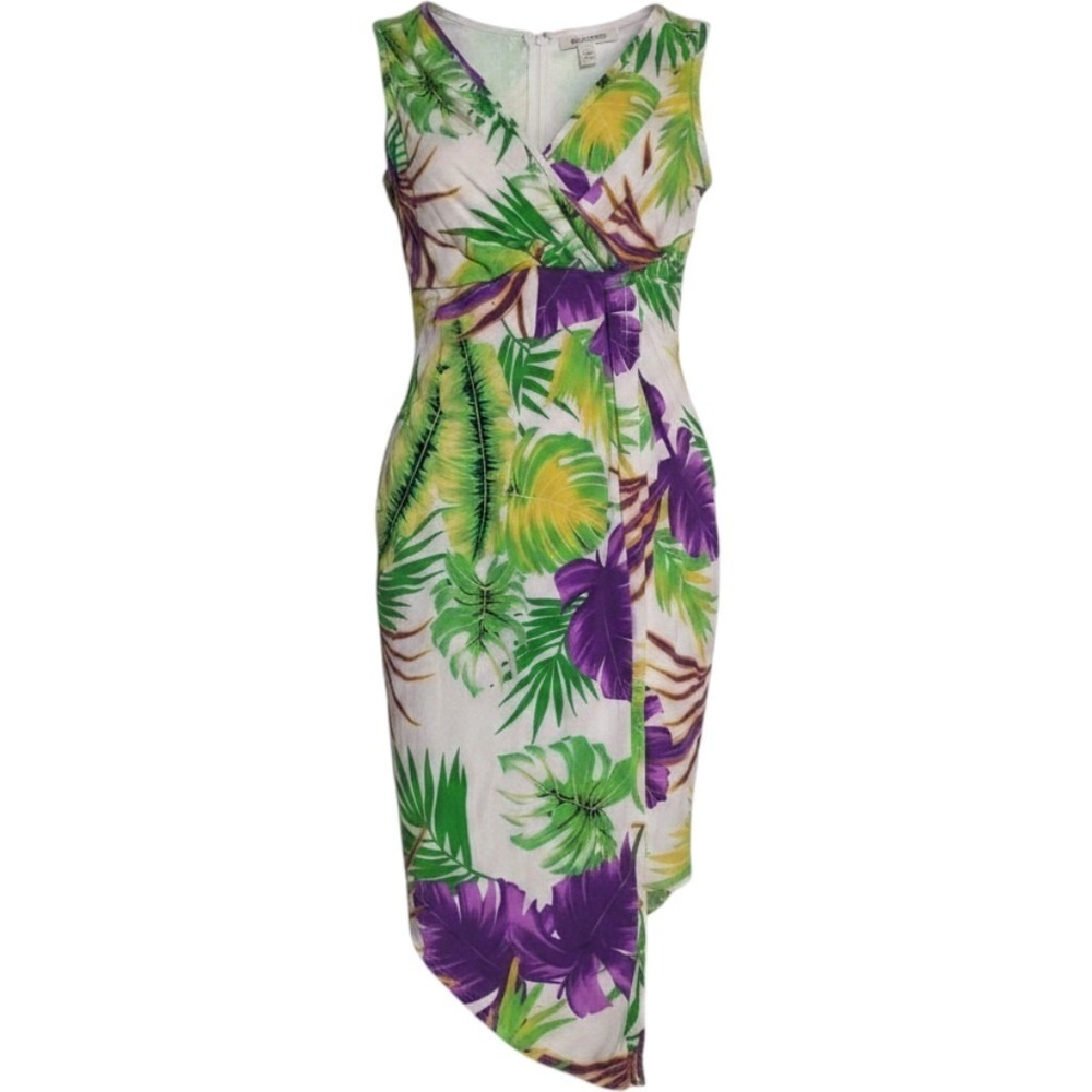 Leyva's Faux Wrap V Neck Tropical Print Dress M resort beach cruise palm